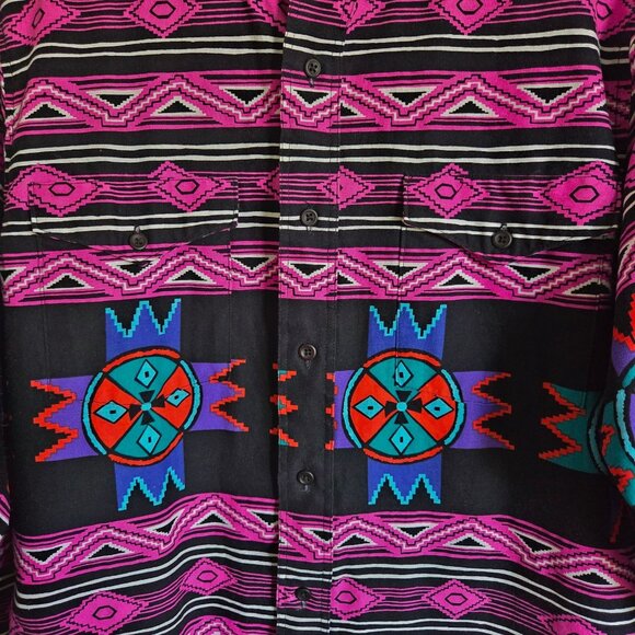Wrangler Vintage 90's Men's Western Shirt Pink/Blk Southwestern Aztec Cowboy Cut - Picture 8 of 10